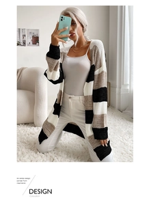 Detailed knit texture of a long-sleeved striped cardigan with drop shoulders