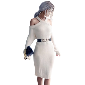 Chic cream off-shoulder knit dress with halter neck and chain belt detail