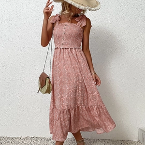 Pink floral off-shoulder summer dress with tie straps, wood buttons and layered hem