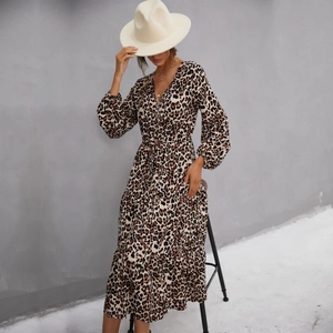 Women's leopard print V-neck long sleeve tiered midi dress with button detail and sash
