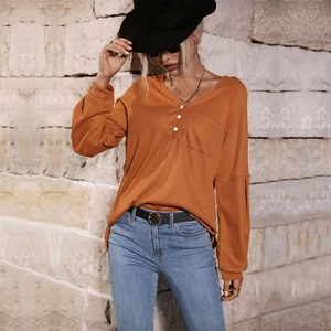 Damen Casual Waffelstrick Hoodie T-Shirt Langarm V-Ausschnitt Knopfleiste Top Mit Tasche Bequemer Lockerer Baumwollmix Pullover