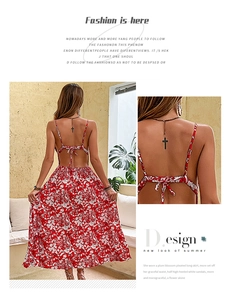 Detail of red floral maxi dress showing backless crisscross straps and pleated fabric