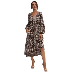 Women's leopard print V-neck long sleeve midi dress with drawstring waist and ruffled hem