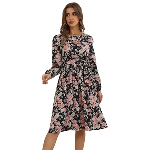 French vintage floral long sleeve dress with waist tie and round neck for women