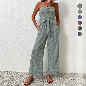 Women Strapless Floral Wide Leg Jumpsuit Summer Sleeveless Smocked Tie Waist Long Playsuit With Buttons Pocket
