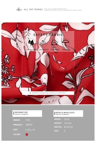 Size chart and fabric details for the red floral summer dress showing material texture