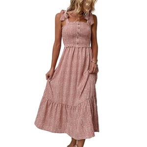 Pink floral off-shoulder summer maxi dress with tie-straps and smocked bodice