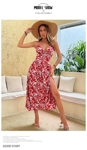 Detail of red floral maxi dress featuring high side slit and tropical plant pattern print