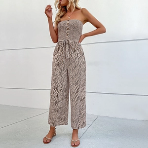Summer strapless wide leg jumpsuit featuring leopard print and waist tie closure