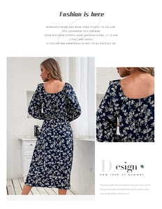 Detailed view of dark blue plum blossom print dress featuring square neck and pleated waist
