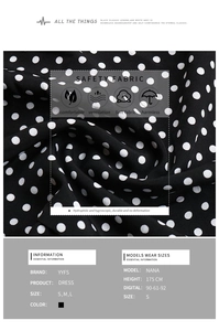 Detailed fabric texture of black polka dot long sleeve dress with size chart specifications