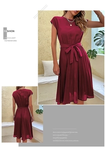 Front and back view of elegant burgundy pleated dress with waist tie and short sleeves