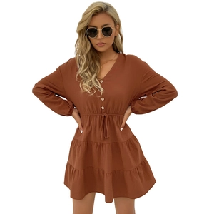 Caramel V-neck long sleeve tiered dress with waist tie and button detail for women