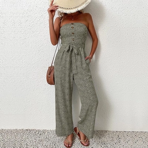 Olive green floral bandeau wide-leg jumpsuit with front buttons and waist tie