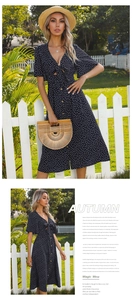 Detail of navy polka dot midi dress featuring front buttons and a cutout bow knot