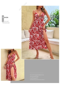 Detail of red floral maxi dress featuring spaghetti straps and a high side slit