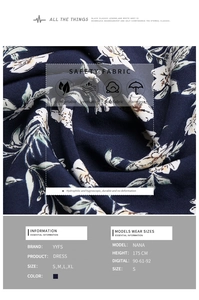Close-up of vintage floral fabric texture and size chart for long sleeve dress