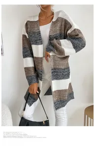 Detailed knit texture of a long color-block open cardigan with wide striped pattern