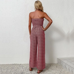 Women's strapless floral wide-leg jumpsuit with shirred back in burgundy and white