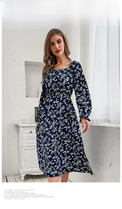 Detail of square neckline and floral pattern on long sleeve navy vintage midi dress