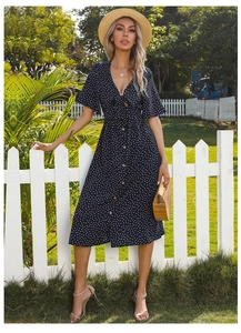 Close-up of a navy polka dot summer dress featuring a V-neckline and decorative front buttons