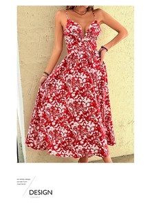 Detail of red floral spaghetti strap dress showing V-neckline and lightweight fabric