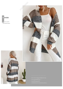 Detail view of tri-color striped knit cardigan with beige, tan and dark grey yarn texture