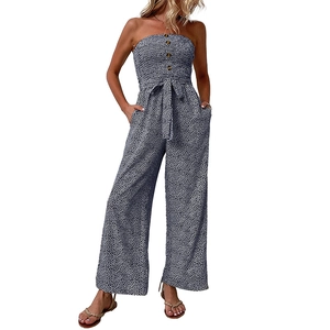 Women's strapless wide-leg jumpsuit with floral print and waist tie for summer wear