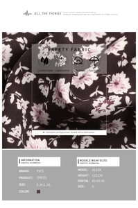 Détail du tissu floral et tableau des tailles pour robe d'automne à col montant