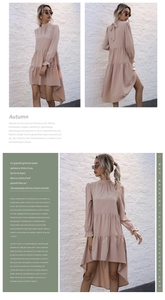 Detail showing the layered high-low ruffles and fishtail hem of this elegant dress