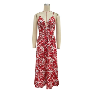 Detail of red floral maxi dress showing deep V-neck and tropical leaf print fabric
