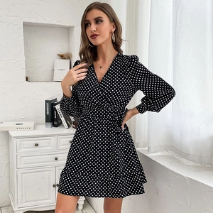 Women Elegant Polka Dot V-Neck Wrap Dress Autumn Long Sleeve Waist Tie Ruffle Hem Slim Fit Mini A-Line Dress Black White