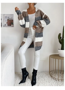 Detail of striped knit cardigan showing the soft blend texture and color block pattern