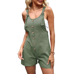 Combinaison courte en coton lin vert olive avec bretelles nouées et boutons