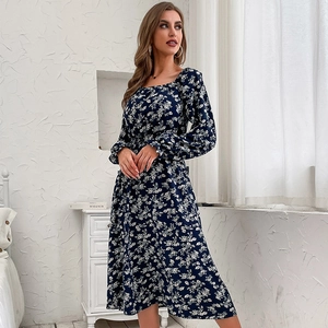 Women Retro Floral Print Off Shoulder Long Lantern Sleeve A-Line Midi Dress Elegant French Style Autumn Winter Dress