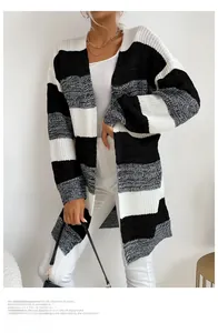 Detail of knit texture on long open-front cardigan with black and white striped pattern