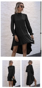 Detailed views of a black high-low tiered dress with ruffles and a back tie closure