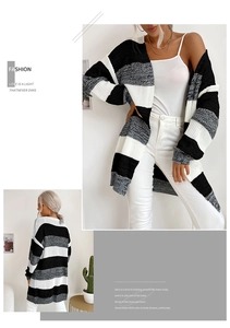 Detail shot of the chunky knit texture and monochrome striped pattern on long cardigan