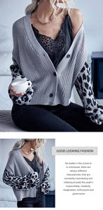 Detail of grey knit cardigan with leopard print sleeves and black buttons on a model