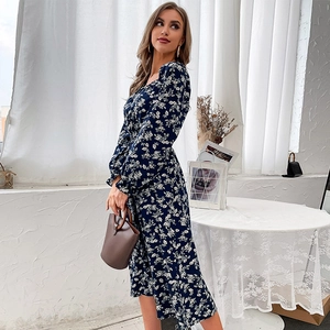 Elegant navy blue floral midi dress with square neck and long sleeves for women