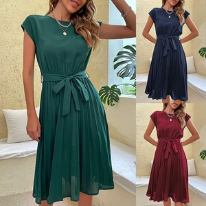 Women Elegant Pleated Midi Dress Round Neck Short Sleeve Solid Color A-Line Dress With Self Tie Waist Belt For Summer Fashion
