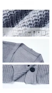 Macro detail of grey chunky knit cardigan texture with black buttons and ribbed hem finish