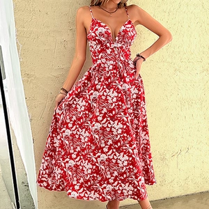 Women Summer Floral Cami Maxi Dress V Neck Slit Backless Tropical Print Polyester Holiday Beach Party Elegant Long Dress