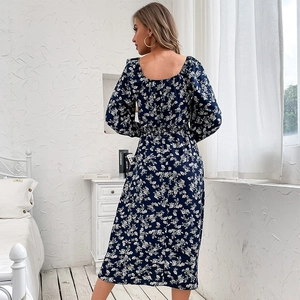 Floral long sleeve midi dress in navy blue with a square neck and open back design