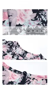 Détail du tissu floral et fermeture à bouton au dos d'une robe à manches longues