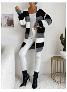 Long knit cardigan with black and white stripes styled for trendy fall fashion looks