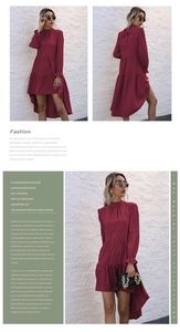 Detail of burgundy high neck dress featuring tie-back bow and ruffled irregular hemline