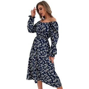 Vintage off-shoulder floral midi dress with lantern sleeves and a cinched waist in navy