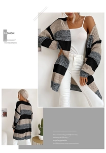 Detail shot of long knit cardigan with gray, beige, and black color-block stripes