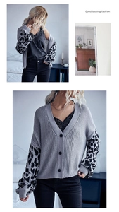 Detail of grey knitted cardigan featuring leopard print patchwork sleeves and black buttons